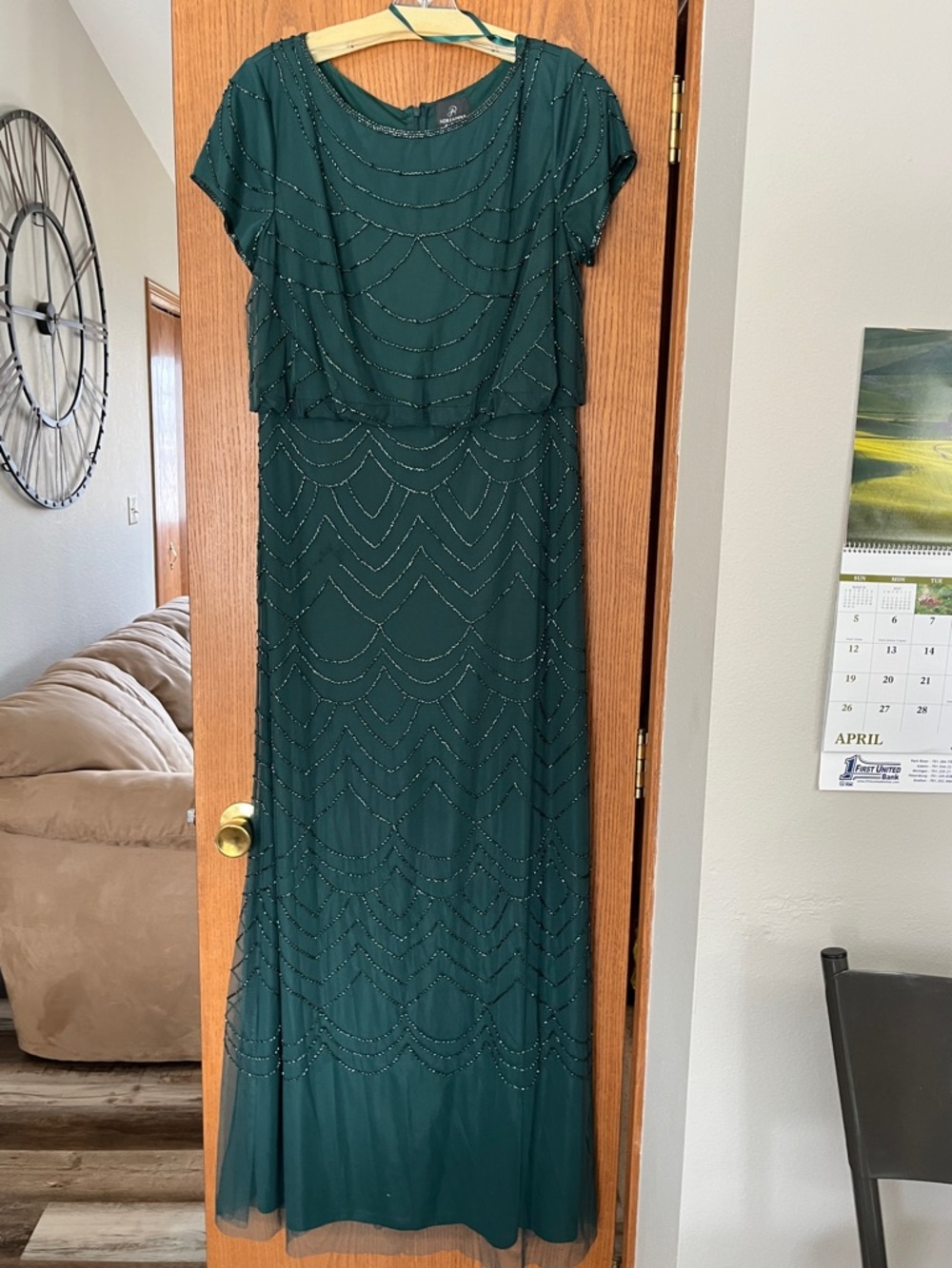 Adrianna Pappel Elegant Dark Green Beaded Evening Dress
